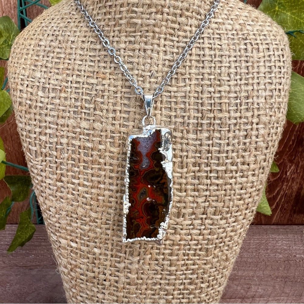Red Lace Agate Pendant Necklace with Stainless Steel chain.